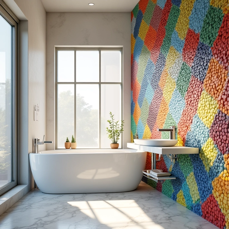 Parede de banheiro decorada com mosaicos coloridos em padrões geométricos.