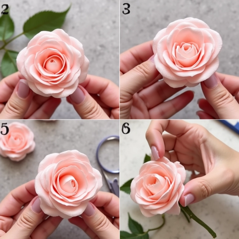 Passo a passo da criação de uma rosa de fita de cetim, com detalhes e instruções.