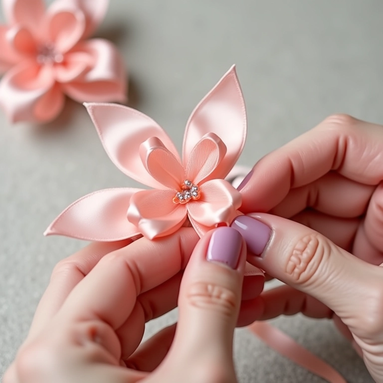 Passo a passo: mãos criando uma flor de fita de cetim simples, com dobras fáceis.