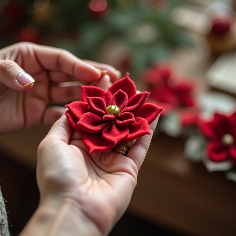 Passo a passo simplificado para fazer flores de feltro natalinas.