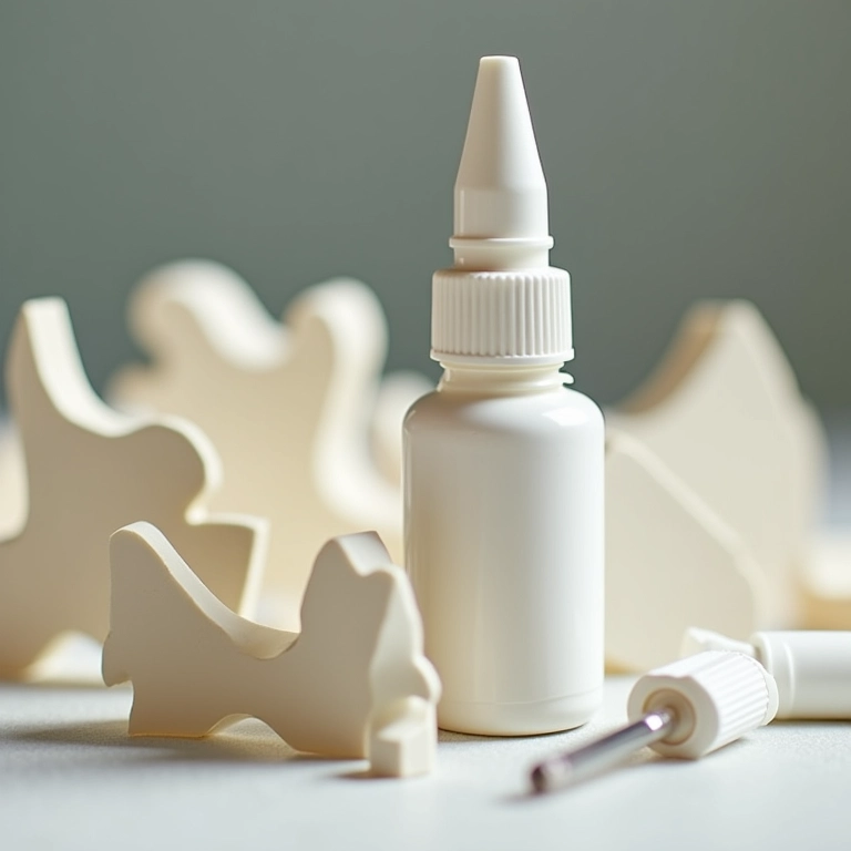 Pequena garrafa de cola branca com formas de quilling próximas.