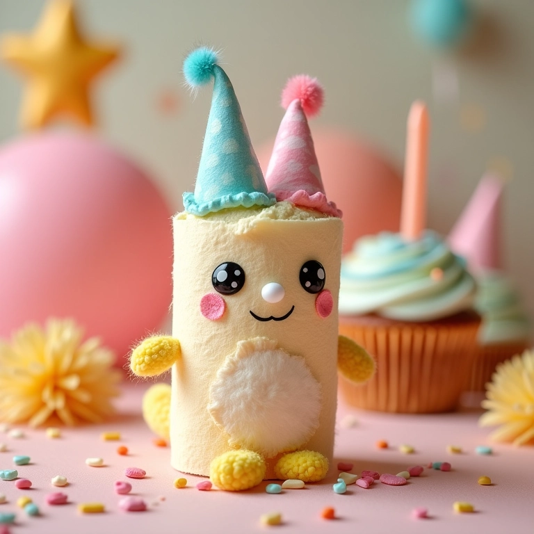 Personagem de amigurumi rolo de papel higiênico para festa temática.