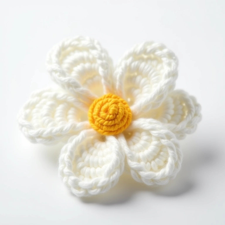 Pétalas de flor de fita de cetim branca em amigurumi, close-up.