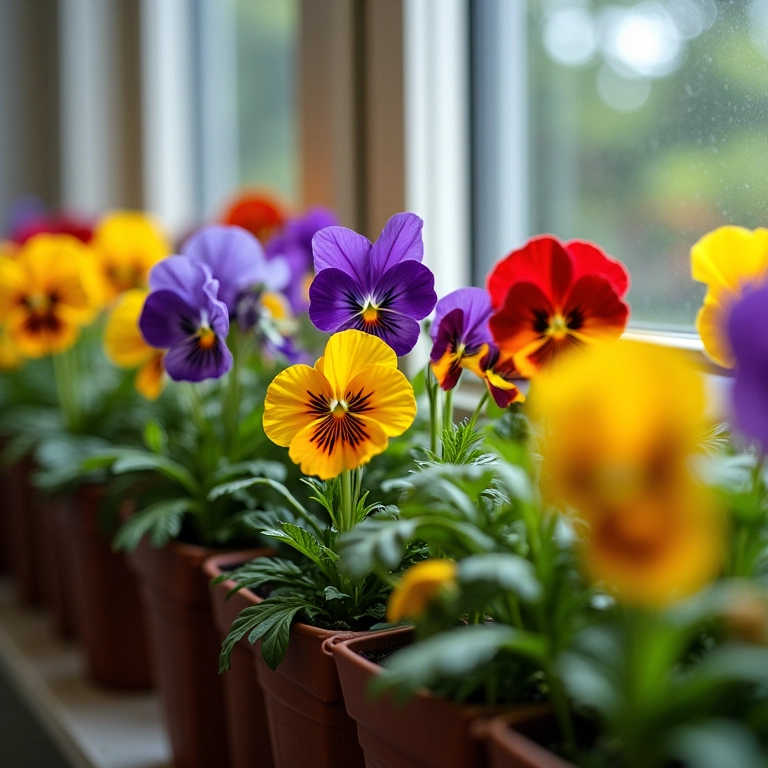 Petúnias e amor-perfeito coloridas florescendo em vasos de garrafa pet, jardim na varanda.