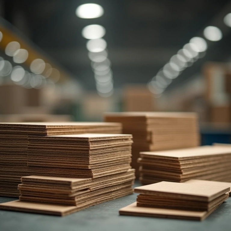 Pilha de bases de MDF em fábrica, prontas para serem usadas.