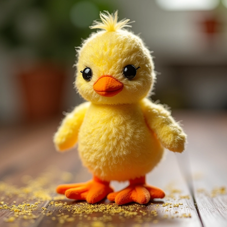 Pintinho de amigurumi secando após aplicação de glitter.