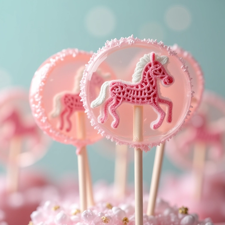 Pirulitos de cristal decorados com detalhes de carrossel em crochê.