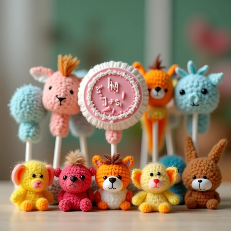 Pirulitos personalizados com tema Arca de Noé e amigurumis.