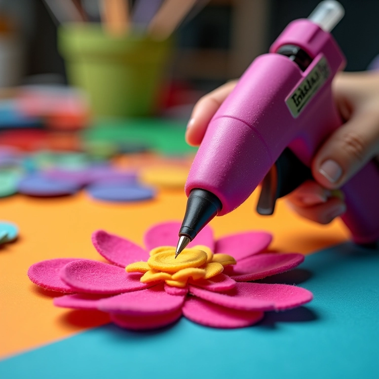 Pistola de cola quente Tekbond montando flor de feltro.
