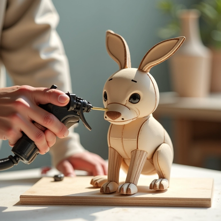 Pistola de pintura em amigurumi aplicando tinta em estrutura complexa de MDF em crochê.