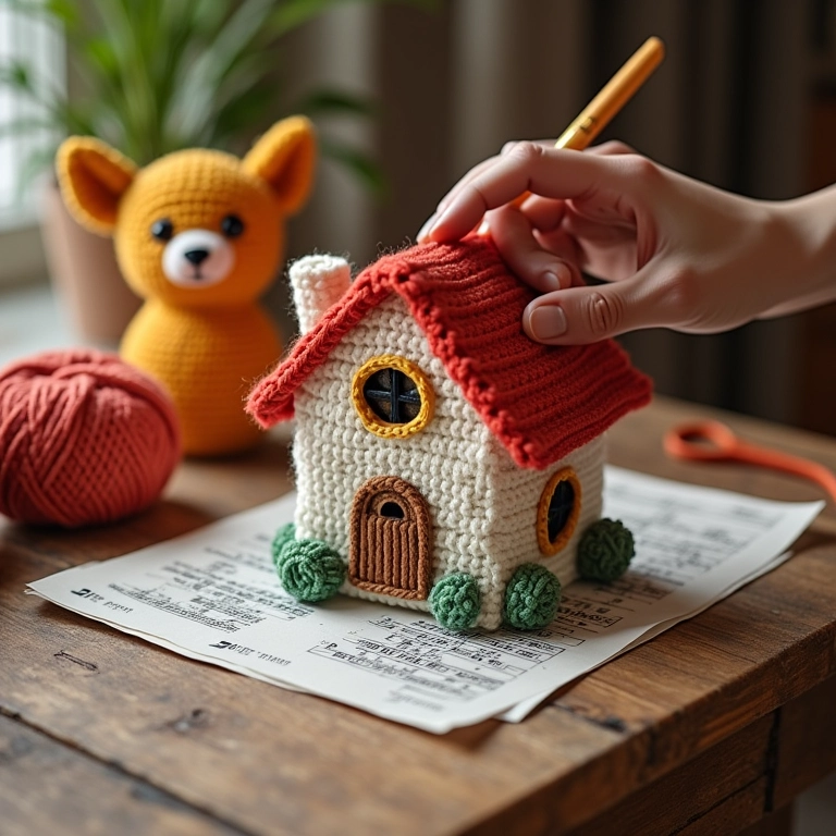 Planejamento de casinha de amigurumi, com moldes e lãs.