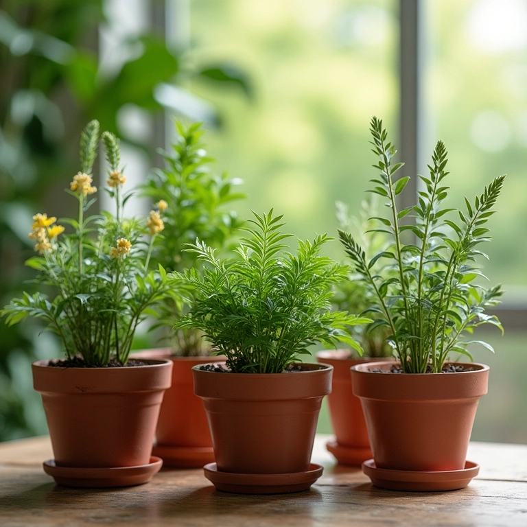 Plantas medicinais em vasinhos decorados como lembrancinha.
