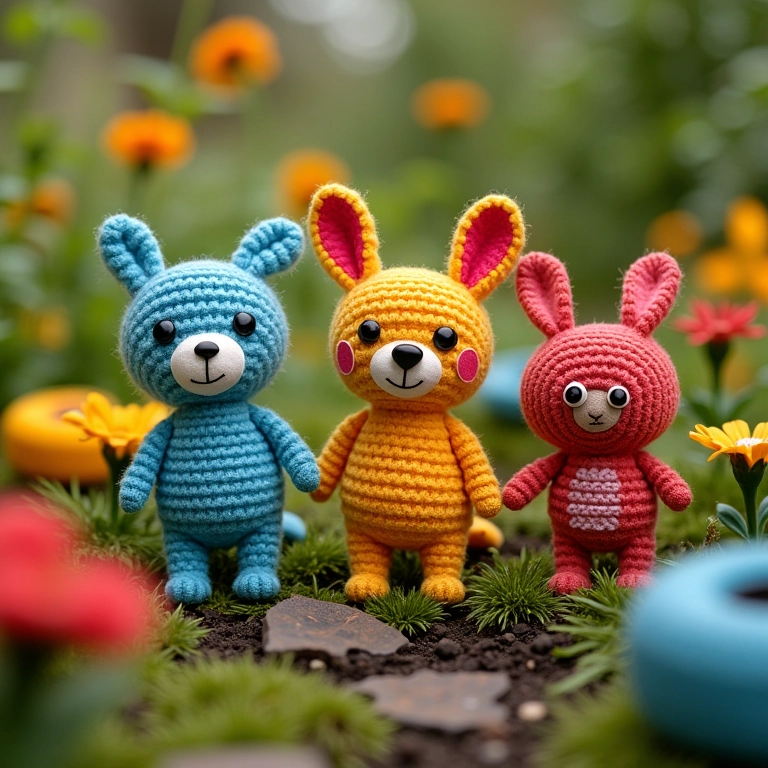 Pneus usados no jardim decorados com amigurumis.