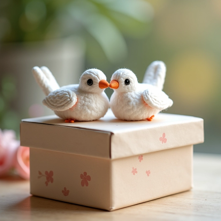 Pombinhos de crochê em caixa MDF para casamento.