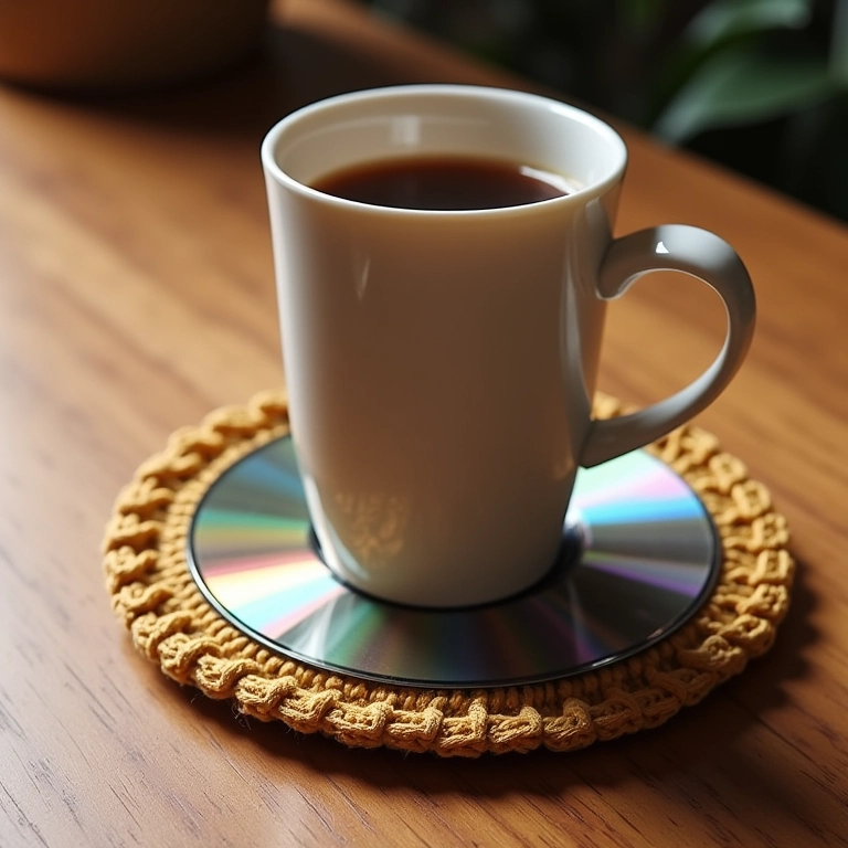 Porta-copo de crochê feito com CD reciclado.