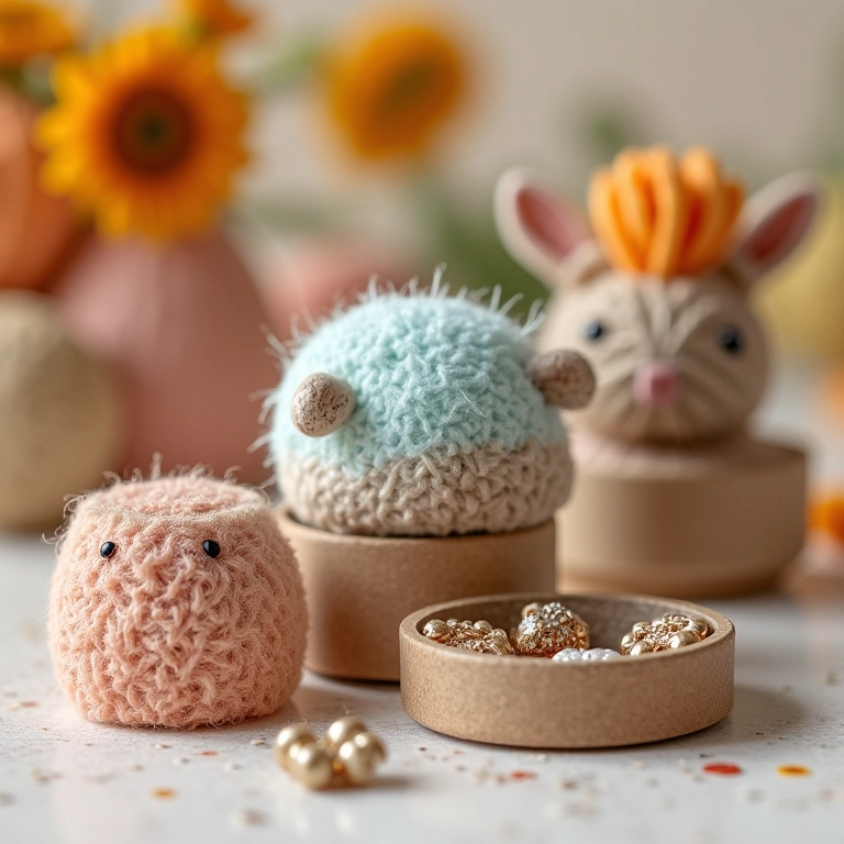 Porta-joias artesanal feito com rolos de papel higiênico e detalhes em amigurumi.