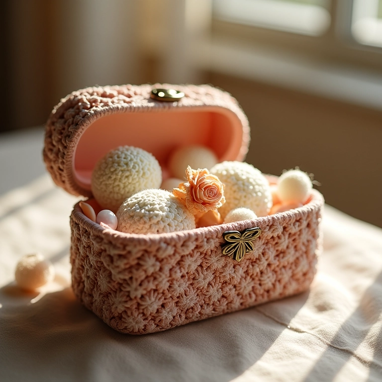 Porta-joias elegante feito de crochê e caixa de sapato.