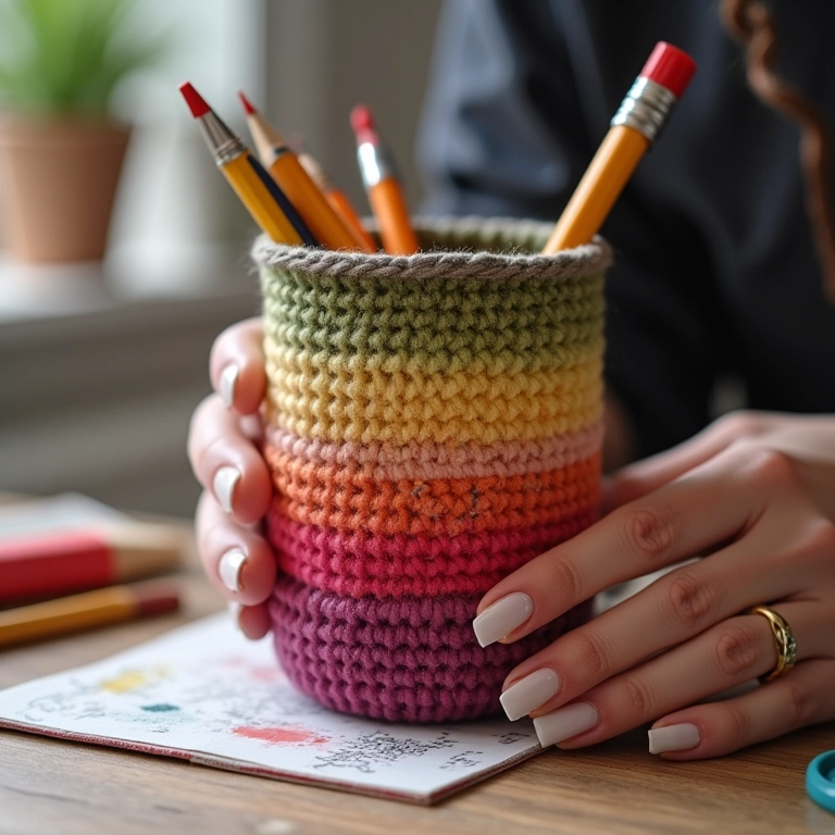 Porta-lápis de crochê com detalhes de tinta e pincel, um toque artístico e personalizado.