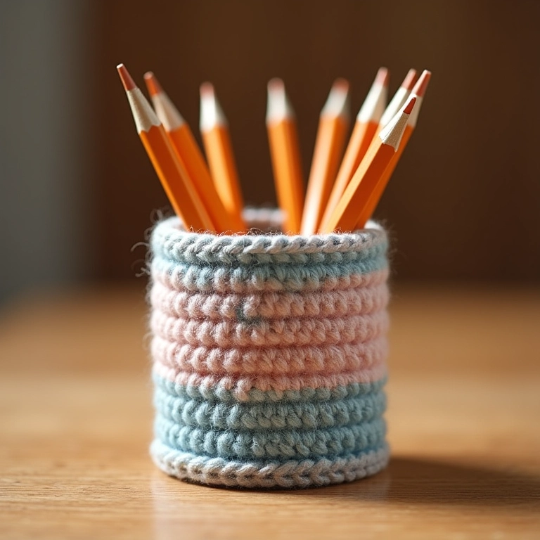 Porta-lápis de crochê com detalhes em papel contact estampado, um toque moderno e criativo.