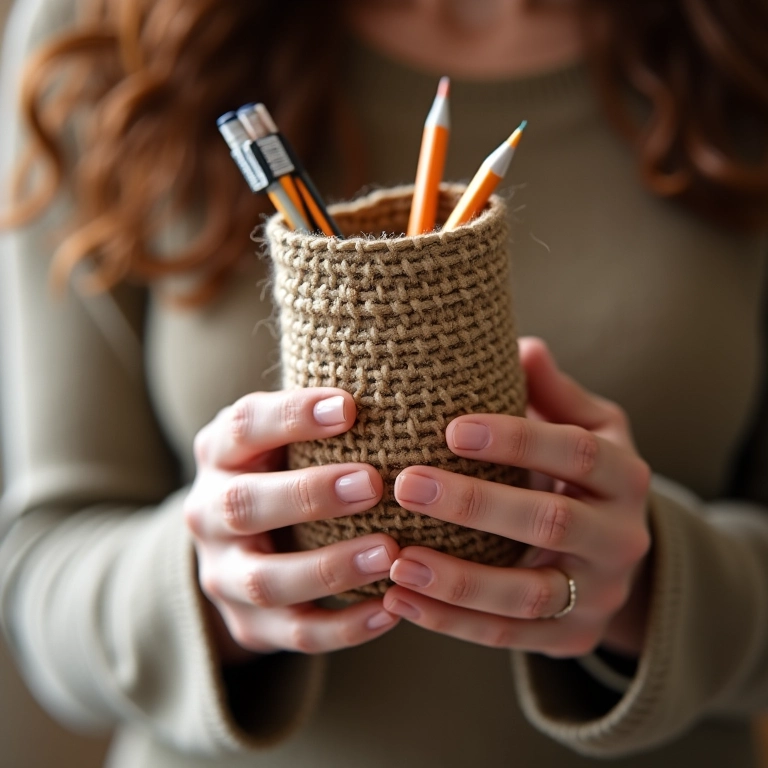 Porta-lápis de crochê com juta e sisal, um toque rústico e natural.
