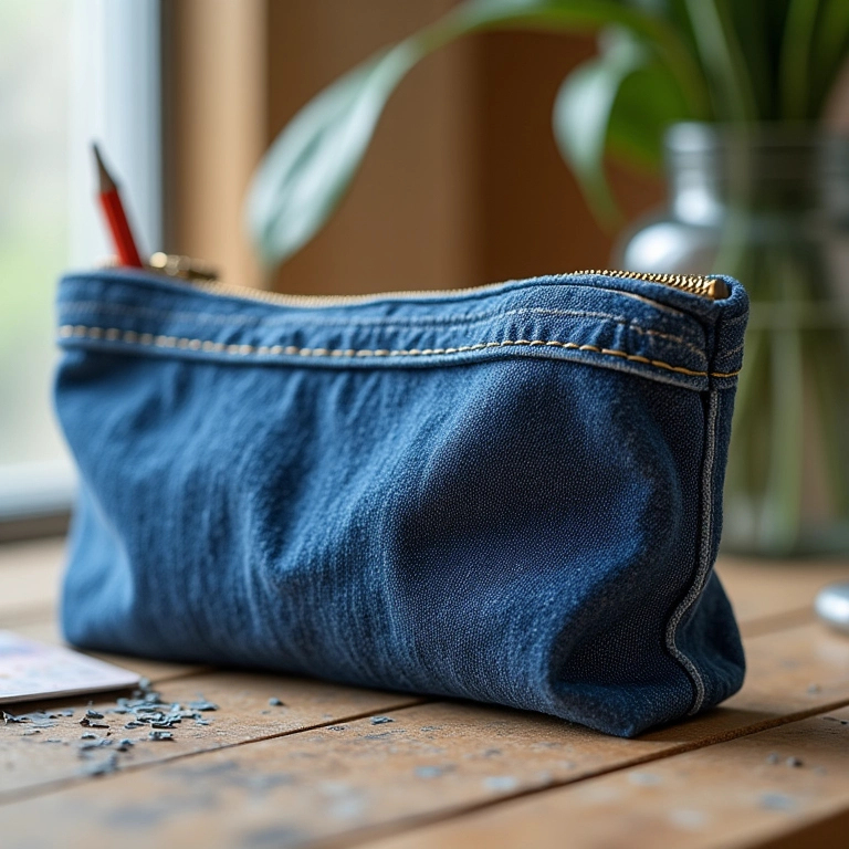 Porta-lápis de crochê com tecido jeans reciclado, um toque sustentável e estiloso.