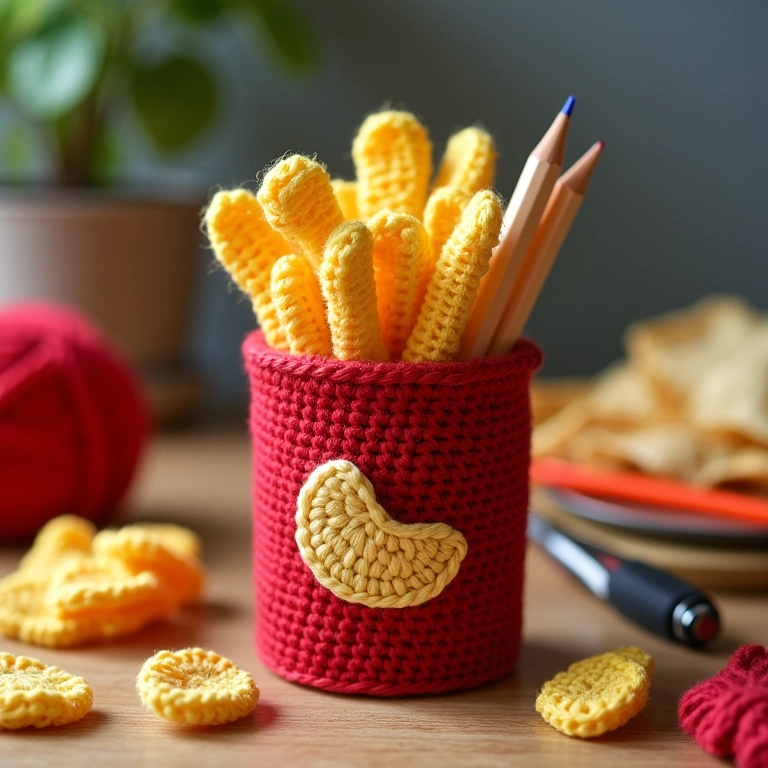 Porta-lápis de crochê em forma de lata de batata frita, perfeito para organizar e decorar.