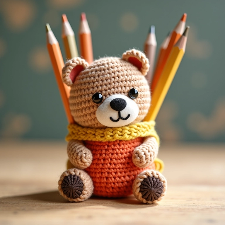 Porta-lápis de crochê em formato de urso feito com lata reciclada.