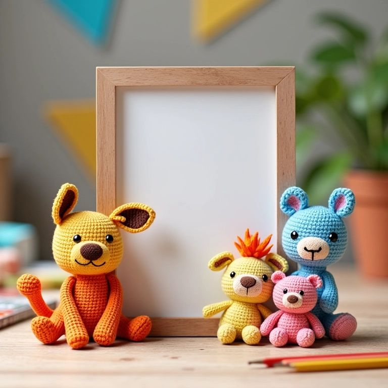Porta-retrato de crochê amigurumi com personagens infantis.