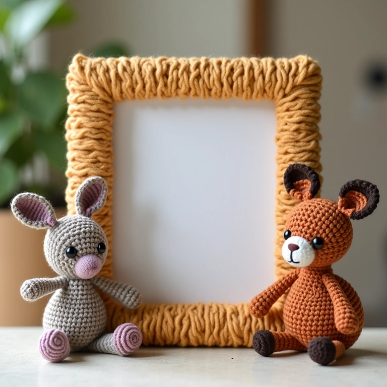 Porta-retrato de crochê amigurumi com tema de animais.