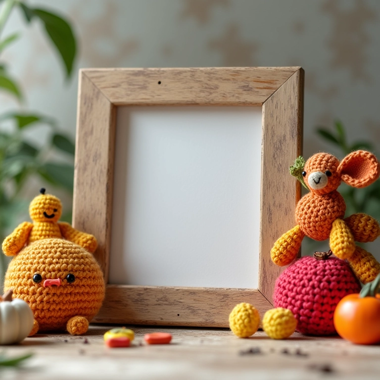 Porta-retrato de crochê amigurumi com tema de hobbies.