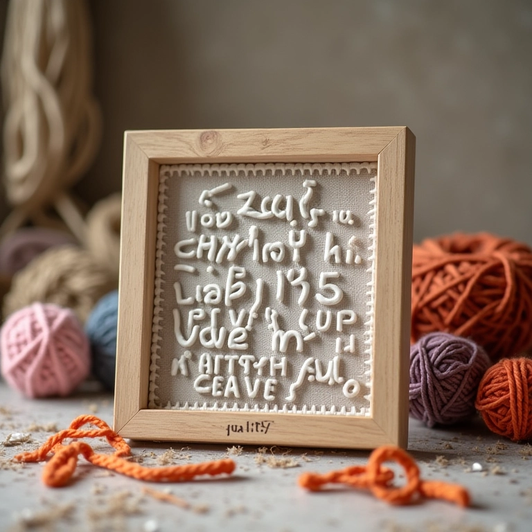 Porta-retrato de crochê amigurumi com tema de letras e frases.