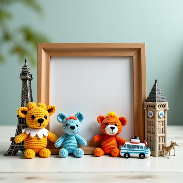 Porta-retrato de crochê amigurumi com tema de viagens.