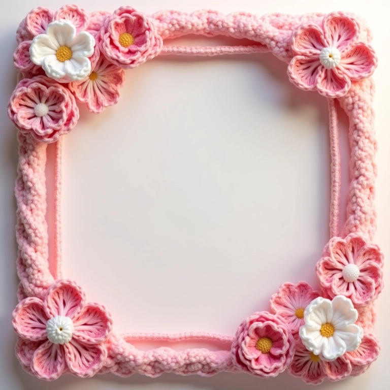Porta-retrato de crochê amigurumi com tema floral.