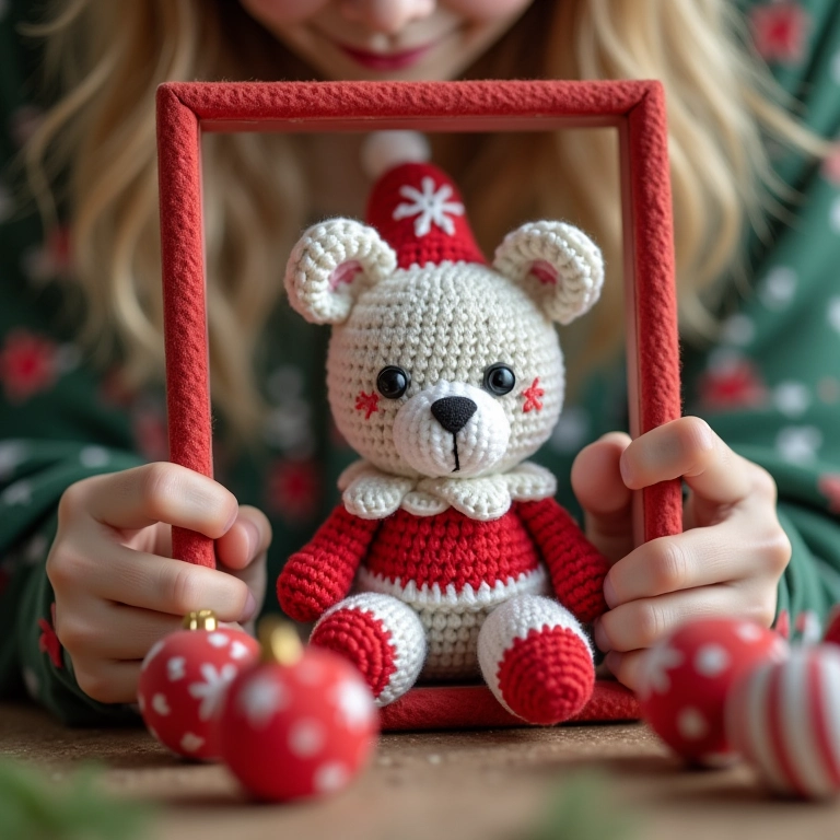 Porta-retrato de crochê amigurumi de datas comemorativas.