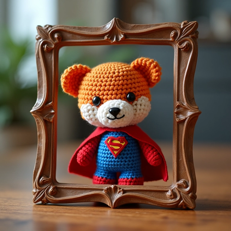 Porta-retrato de crochê amigurumi de super-heróis.