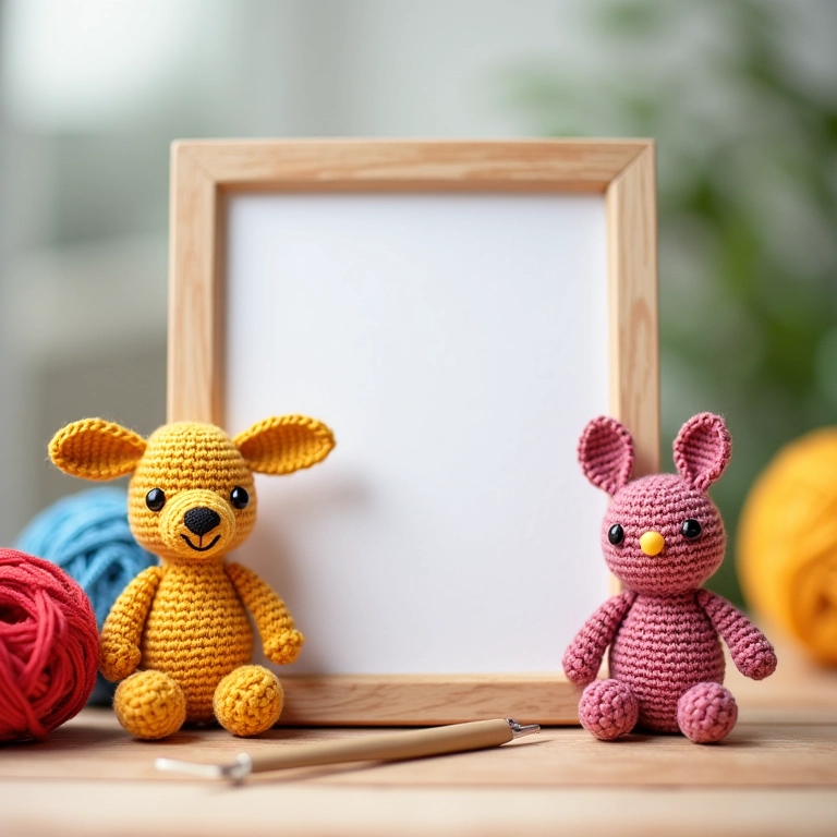 Porta-retrato de crochê amigurumi em ambiente aconchegante.