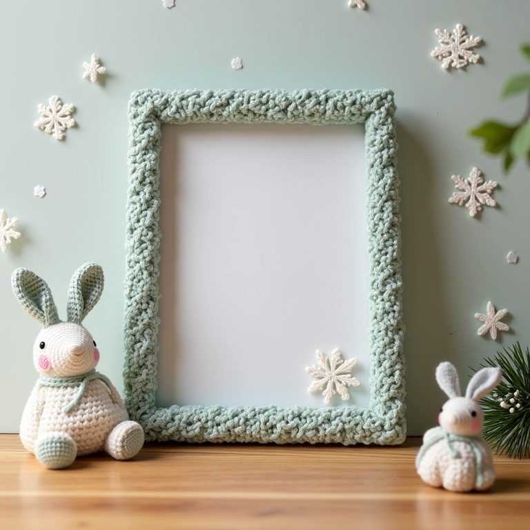 Porta-retrato decorado com flocos de neve de amigurumi.