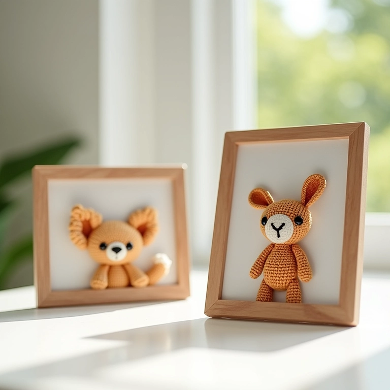 Porta-retratos criativos de crochê amigurumi.