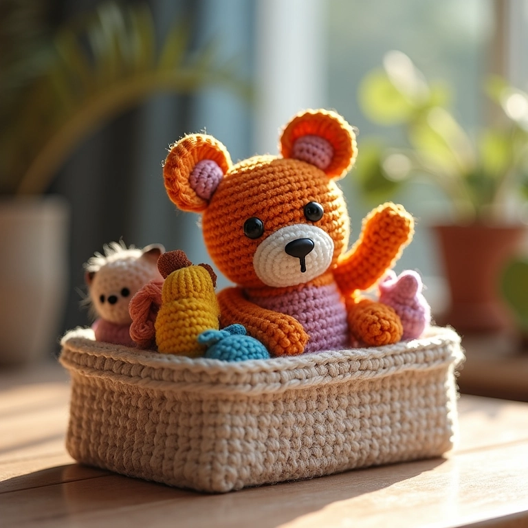 Porta-trecos de amigurumi feito com crochê em caixa de sapato reciclada.