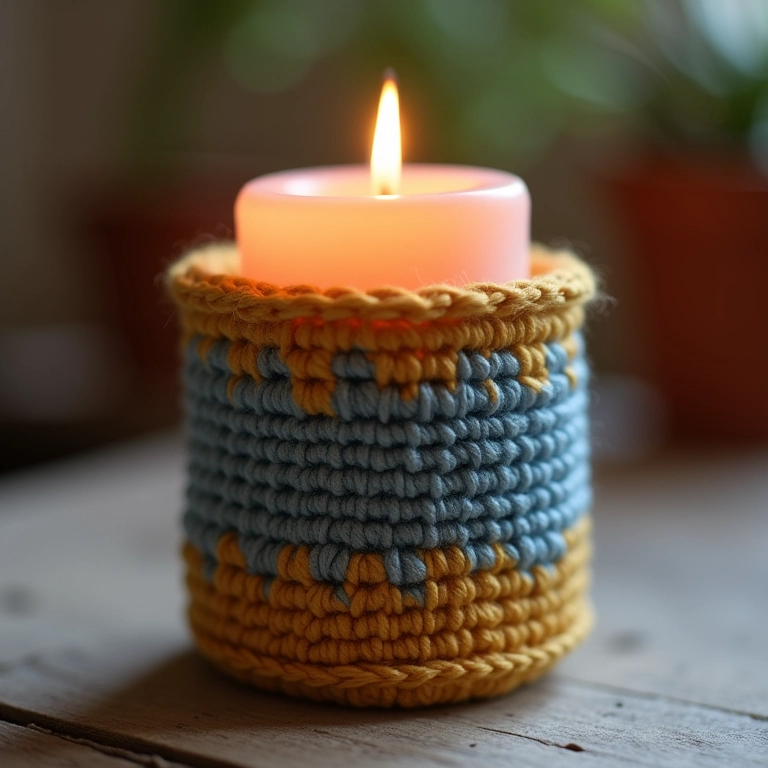 Porta-velas de crochê feito com lata de alumínio reciclada.