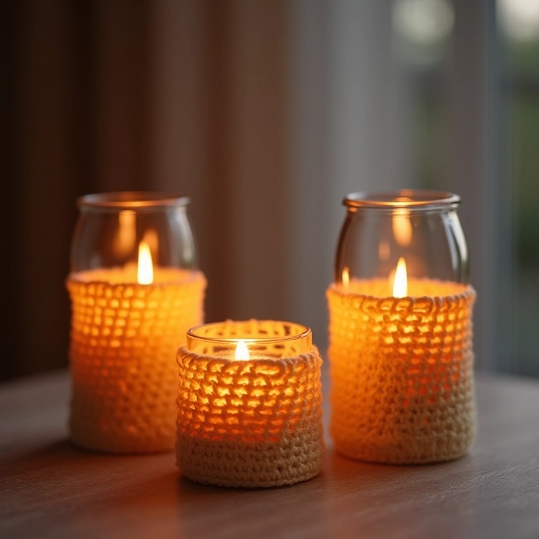 Porta-velas românticos feitos de crochê em garrafas de vidro.