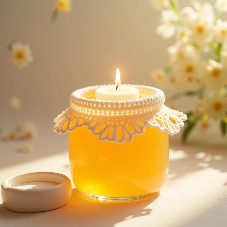 Pote com vela flutuante e detalhes em crochê.