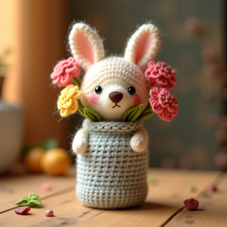 Pote de crochê reutilizado com flores de crochê.