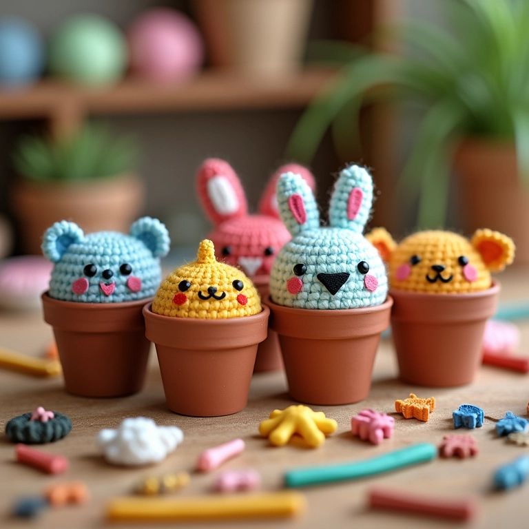 Potes de argila para modelar temáticos em amigurumi.