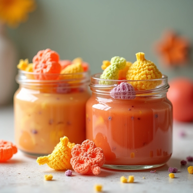 Potes de doces decorados com crochê e potes de papinha.