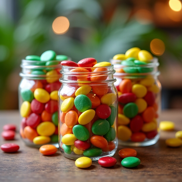 Potes de vidro decorados com doces como lembrancinha charmosa.