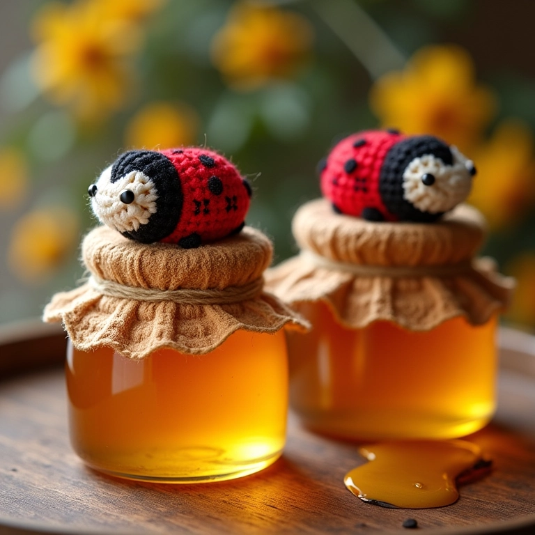 Potinhos de mel personalizados com amigurumis de joaninha.