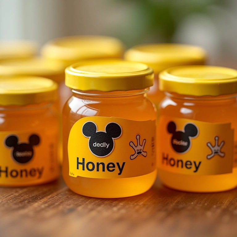 Potinhos de mel personalizados com o tema do Mickey.