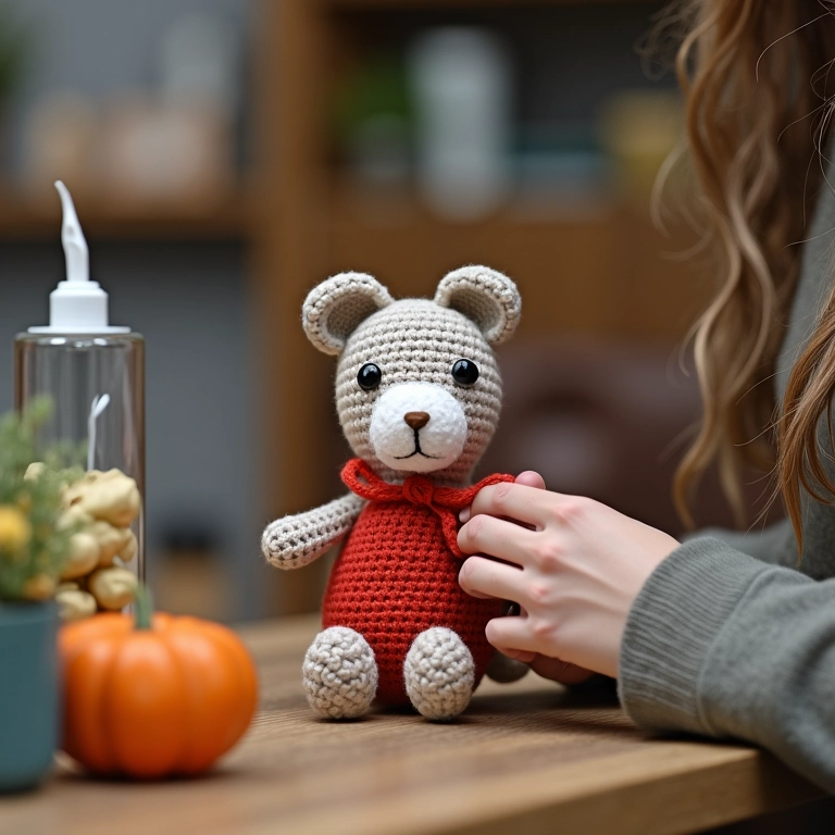 Prateleira com amigurumis de crochê em garrafas de vidro.