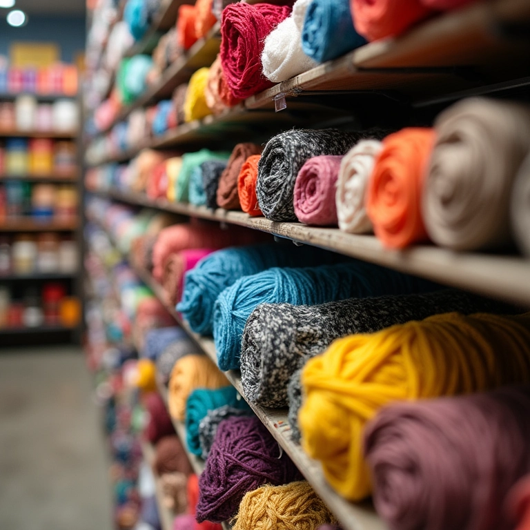 Prateleira de loja de artesanato repleta de materiais diversos: tecidos, linhas, tintas e contas.